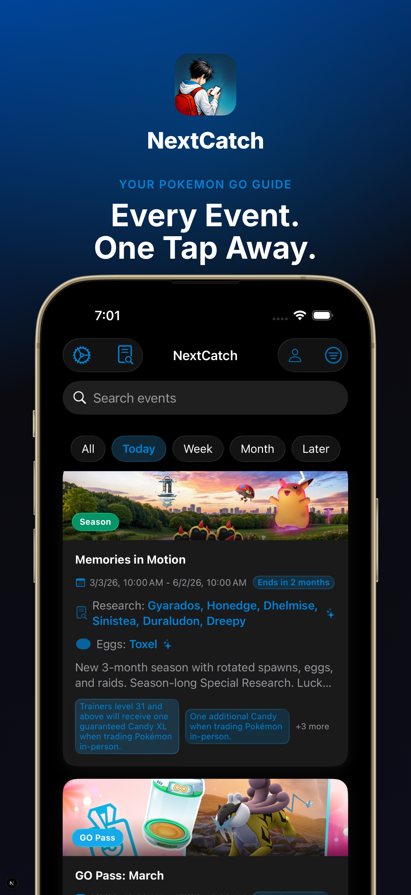 NextCatch event list showing upcoming Pokémon GO events with priority labels